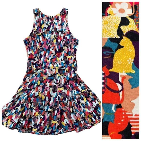 Dress To Allover Cat Print Cut Out Fit and Flare Dress Size M Made in Brazil - Picture 1 of 15